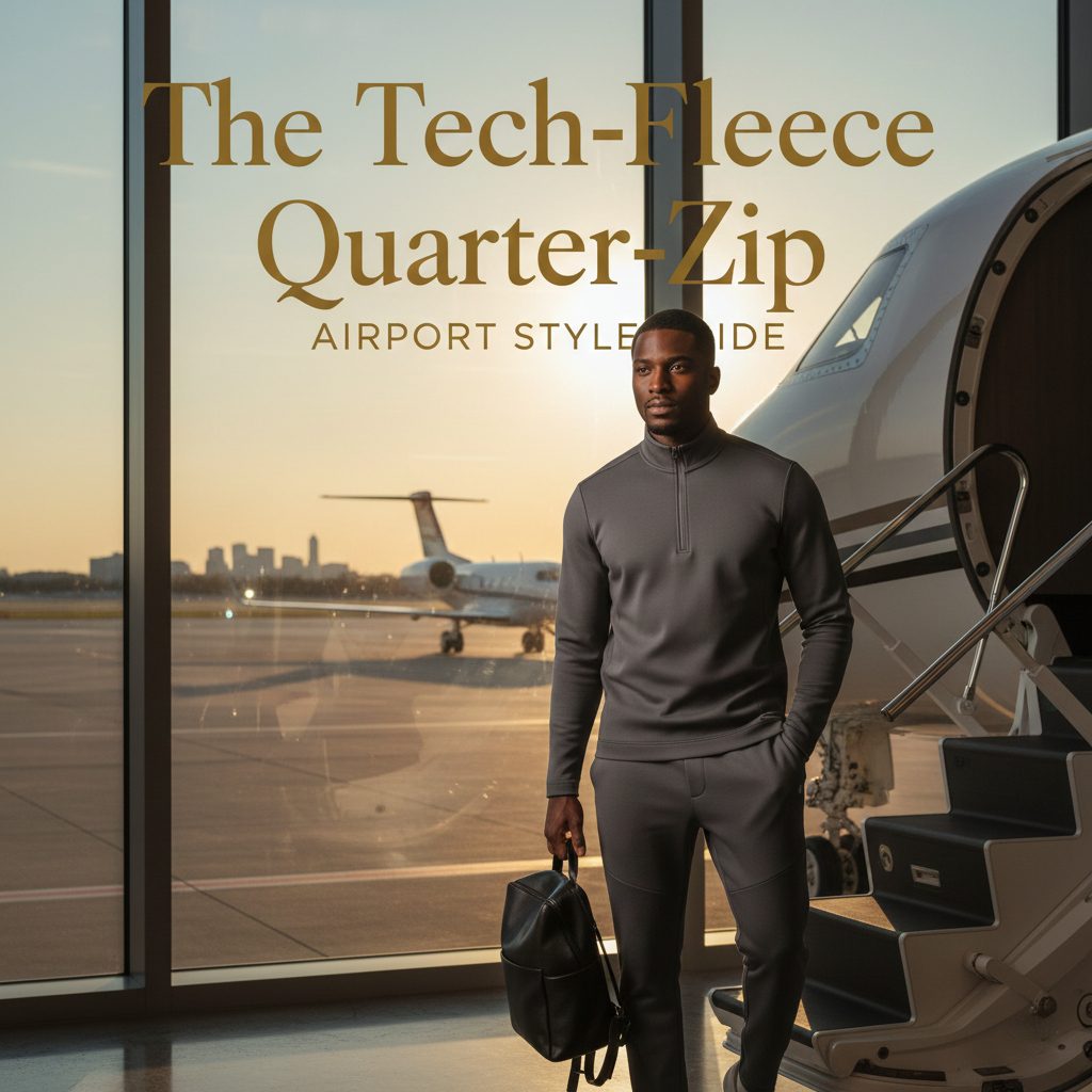 A sporty-chic airport outfit featuring a tapered tech-fleece quarter-zip and matching architectural joggers in charcoal grey.