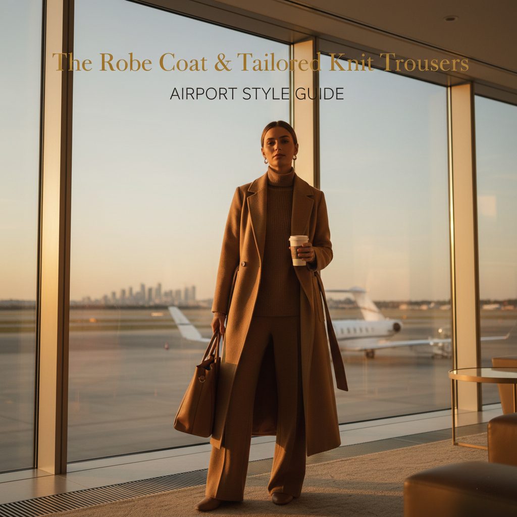 A first-class travel look featuring a long tan wool robe coat and matching tailored knit trousers for a sophisticated airport aesthetic.