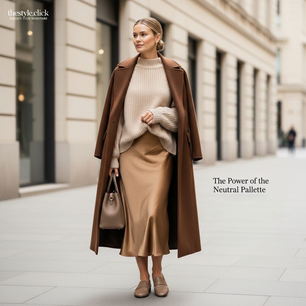 A chic layered outfit featuring silk and wool textures in oatmeal and espresso tones, showcasing the 2026 neutral color palette.