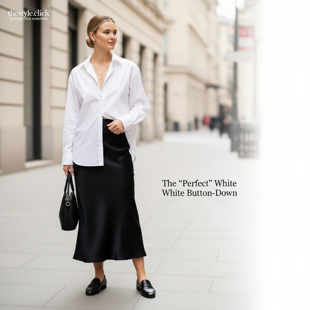 A crisp, perfectly tailored white button-down shirt tucked into a black maxi skirt, inspired by Carolyn Bessette-Kennedy’s iconic style.
