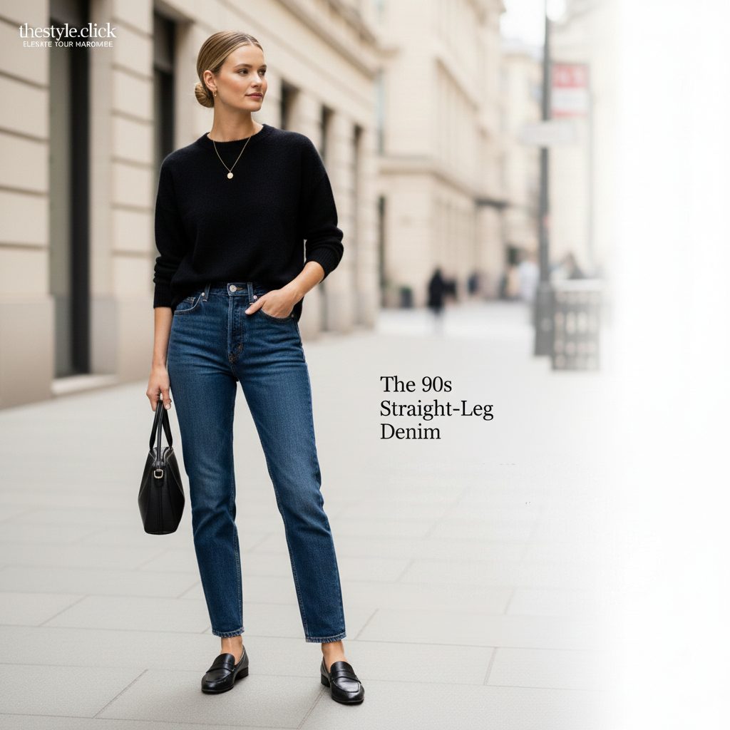 wearing dark indigo straight-leg jeans with no distressing, styled with black loafers for a clean minimalist look.