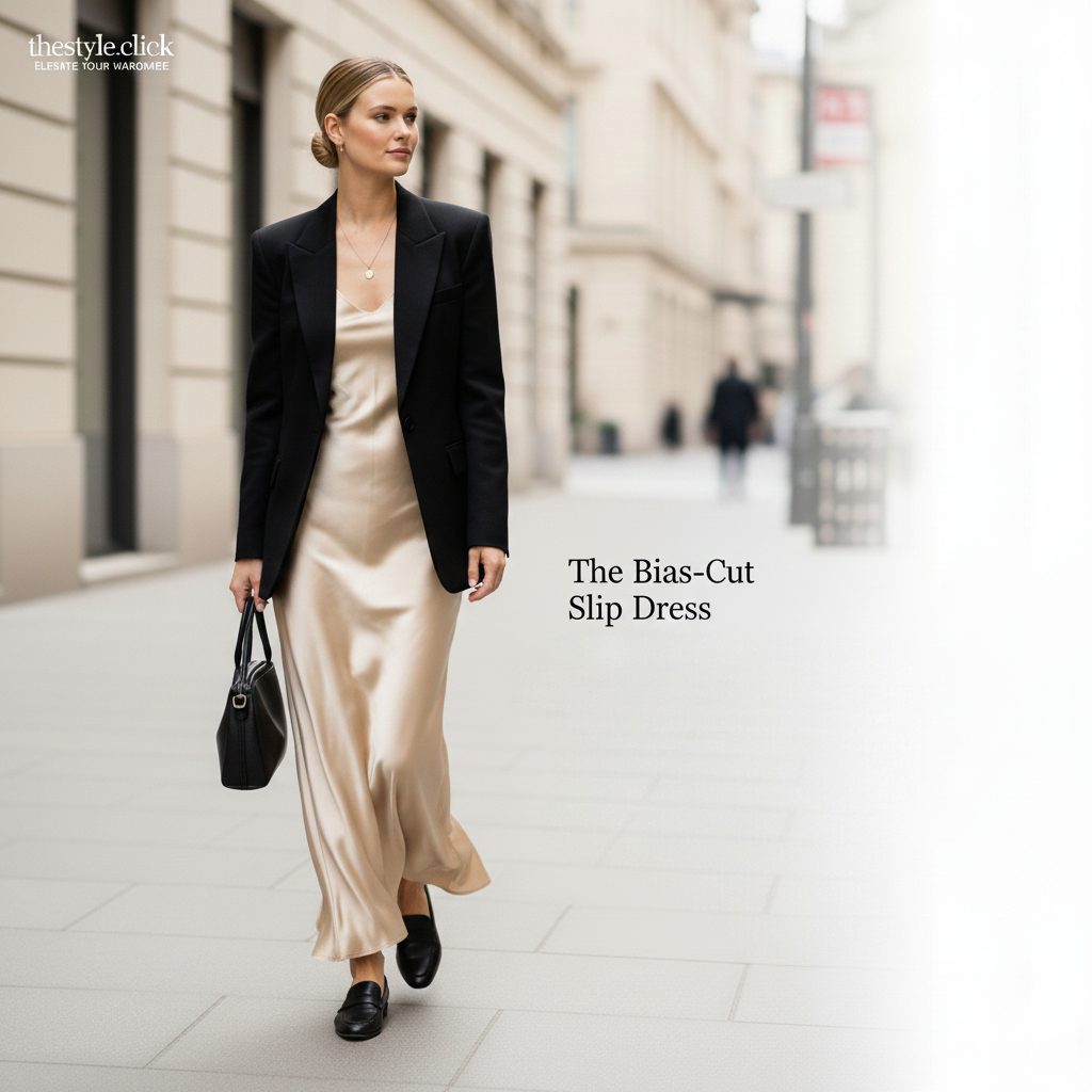 High-quality heavy-weight silk slip dress in a champagne hue, representing the evolution of 90s elegance for 2026.