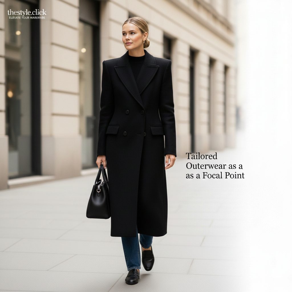 A structured long-line camel wool coat with sharp shoulders, highlighting architectural outerwear as the focal point of a winter outfit.