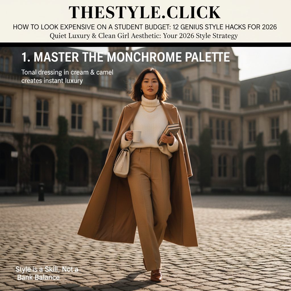 A woman wearing a luxury monochrome outfit in cream and beige tones walking on a city street.