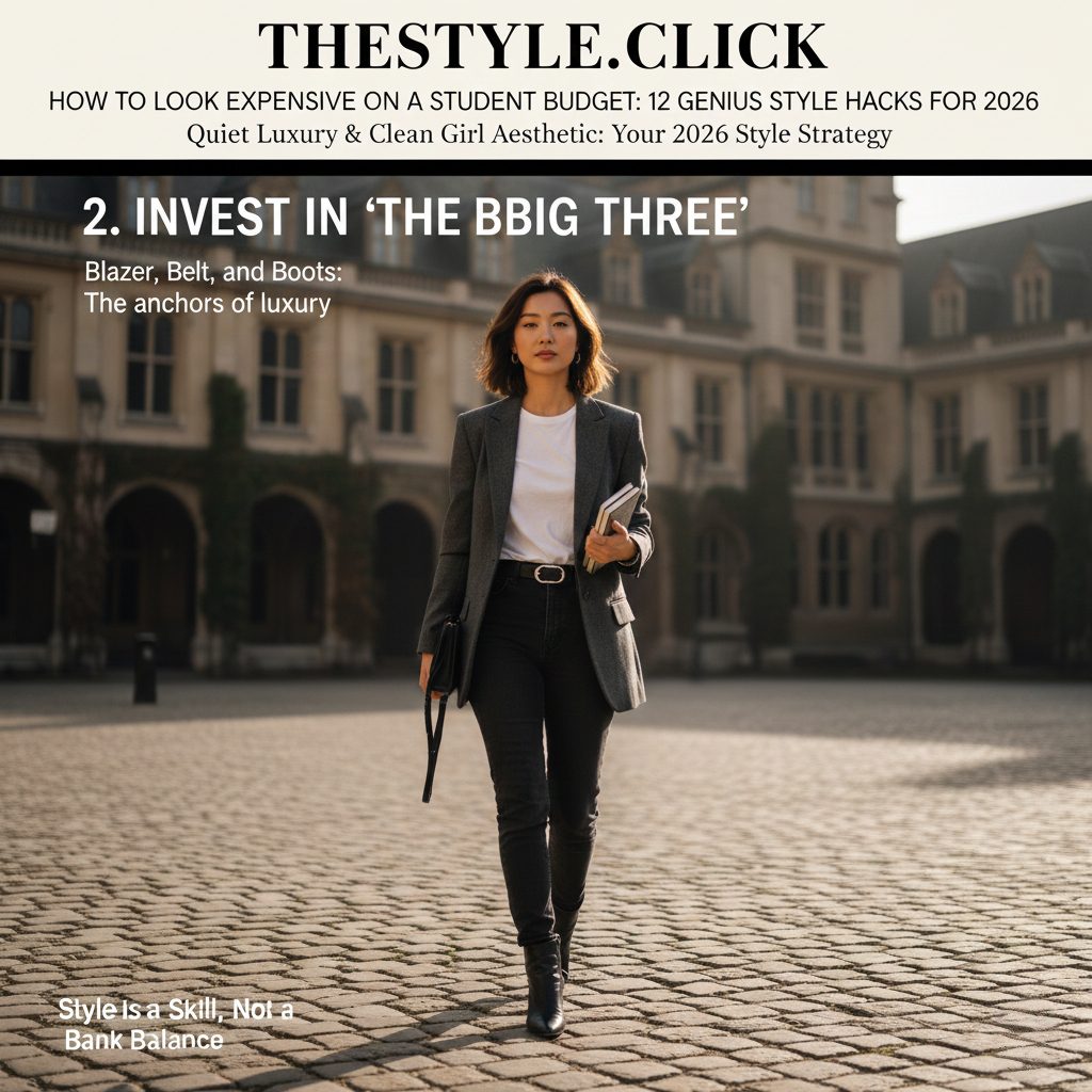 High-quality structured blazer, leather belt, and sleek boots styled together for an expensive look.