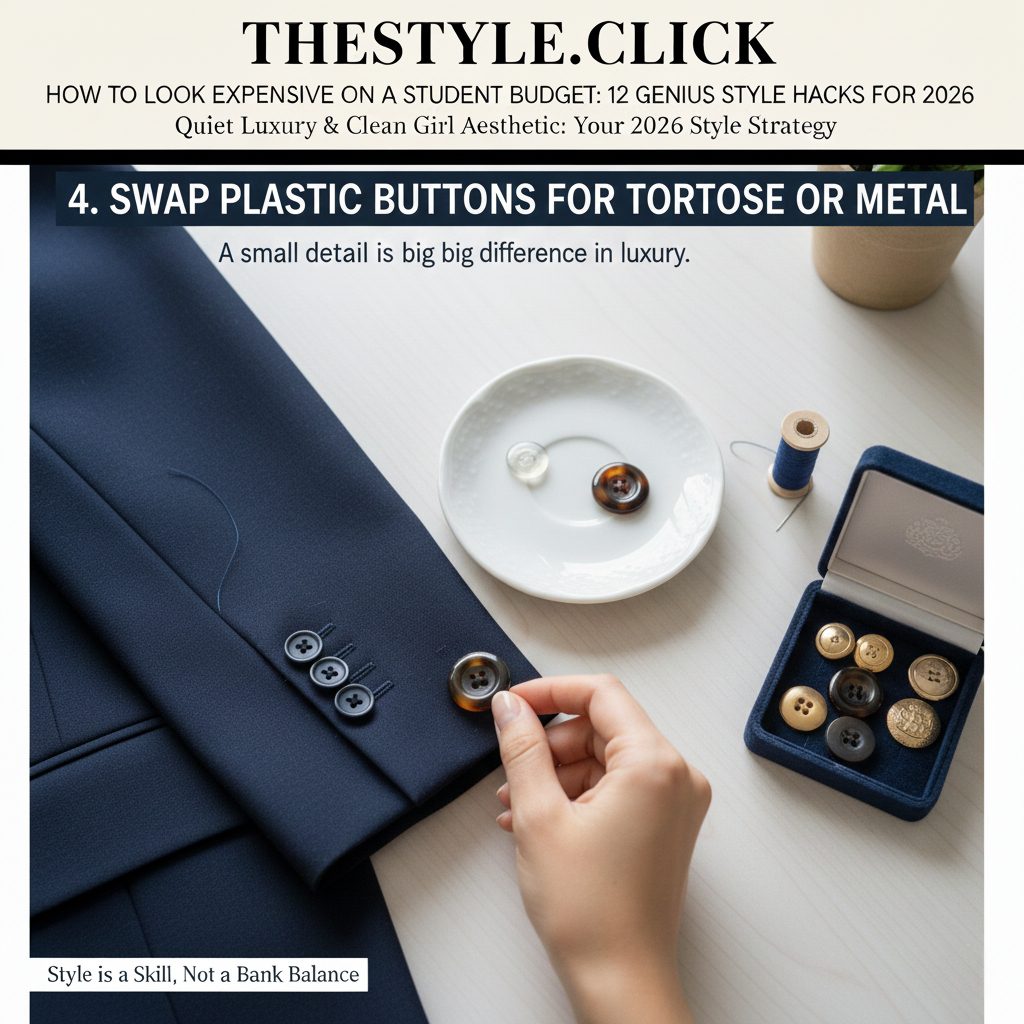 Close-up of a blazer with high-end gold-toned and tortoise-shell buttons replacing cheap plastic ones.
