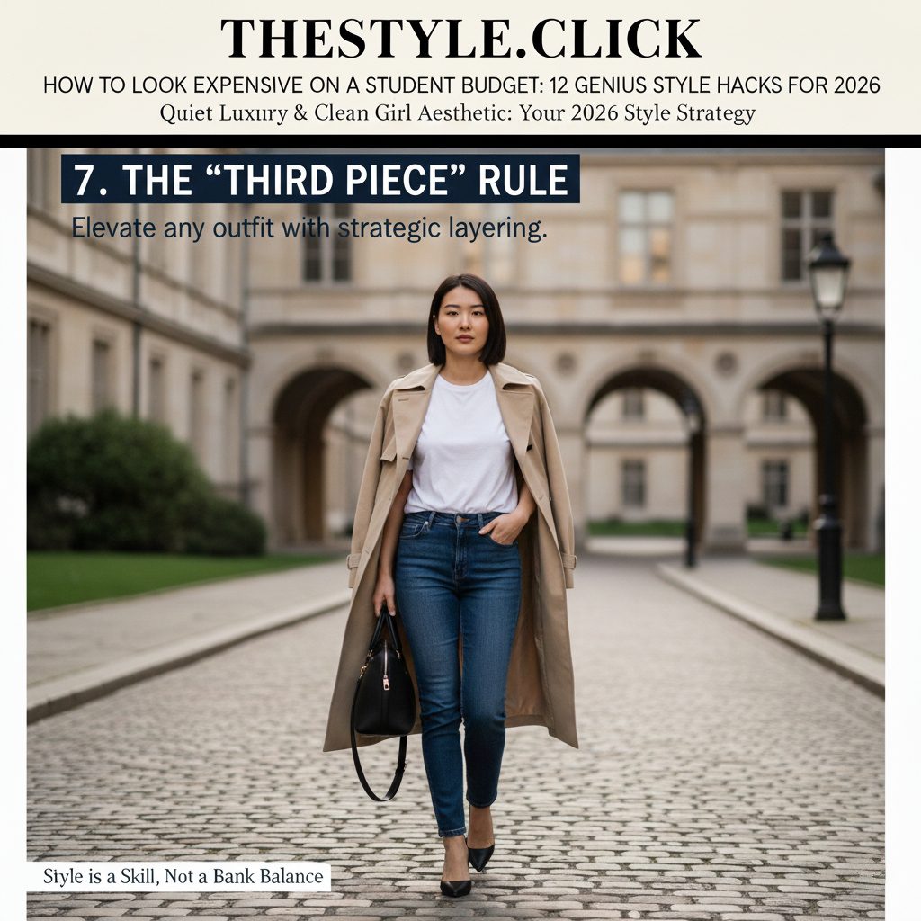 A student outfit elevated by adding a classic trench coat as a third piece for a European street style look.