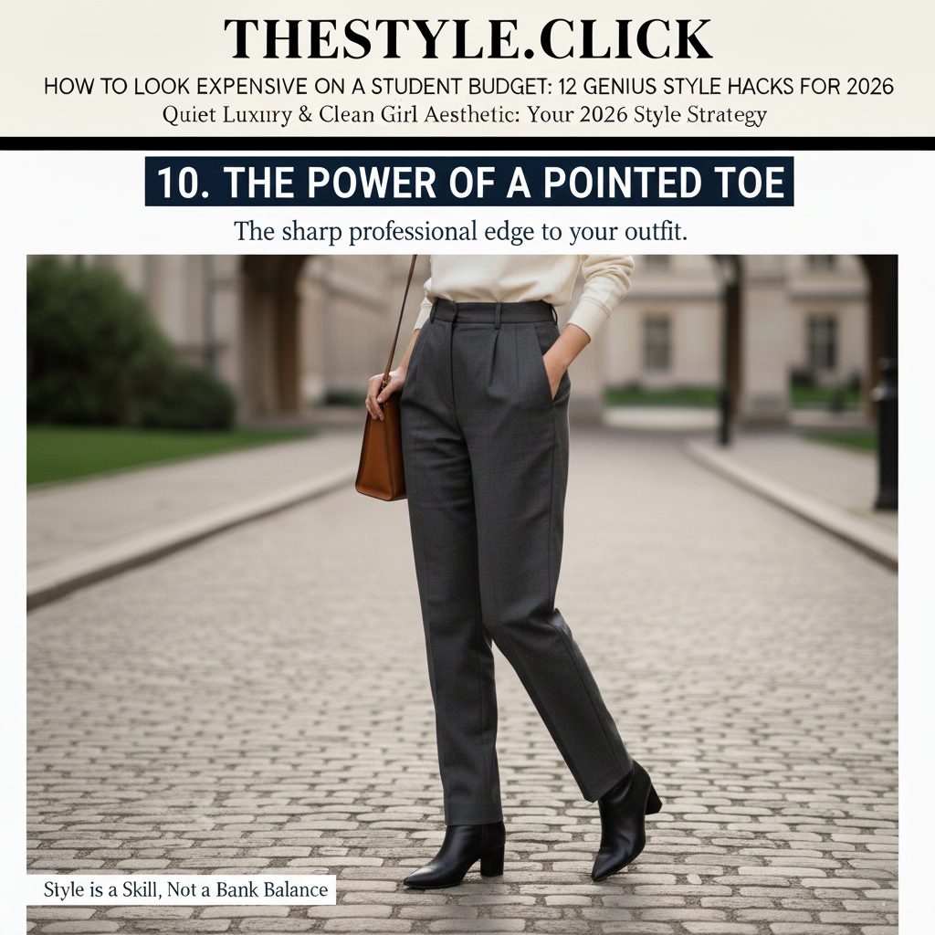 Sharp pointed-toe black boots paired with trousers to elongate the legs and add professional edge.