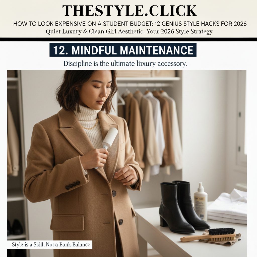 Using a lint roller on a dark coat and maintaining clean, scuff-free shoes for a polished look.