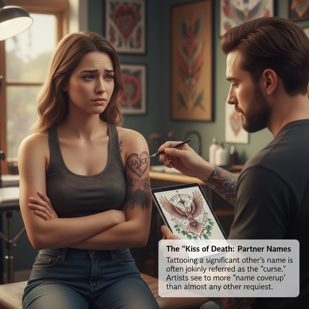 Close-up of a name tattoo on a wrist with a shadow of a cover-up design to represent tattoo regret.