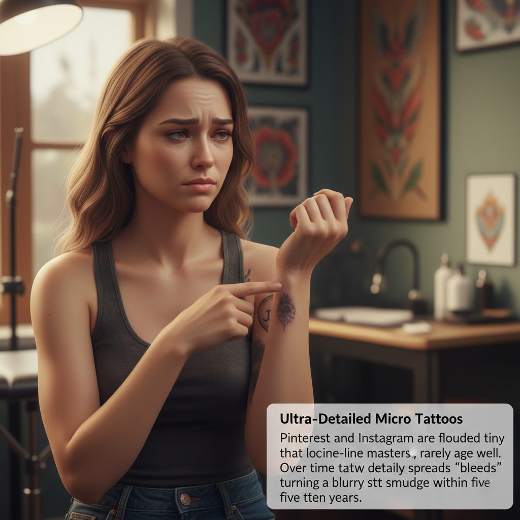 A side-by-side comparison of a fresh fine-line micro tattoo versus a blurry, faded version years later.