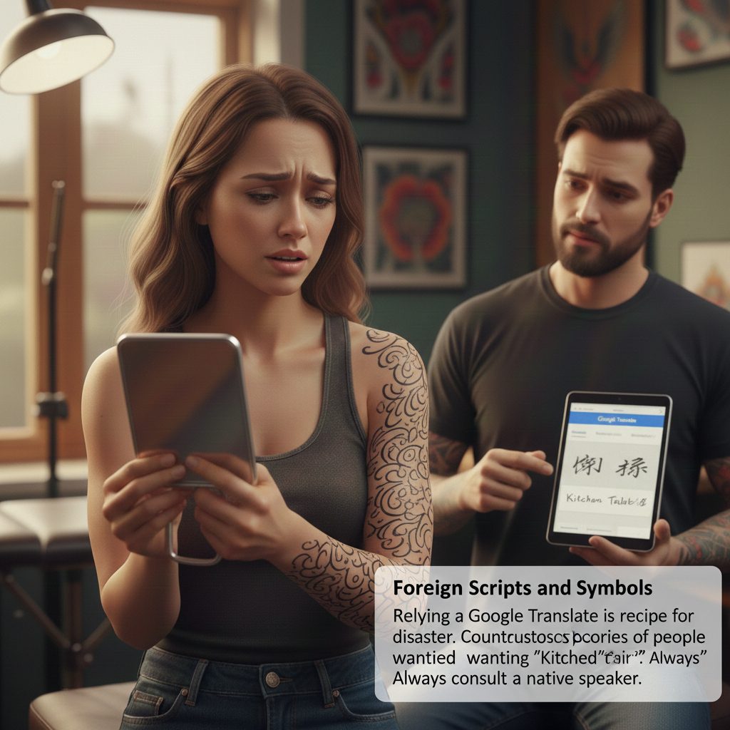 A person looking confused at a foreign language tattoo that was mistranslated by an online tool.