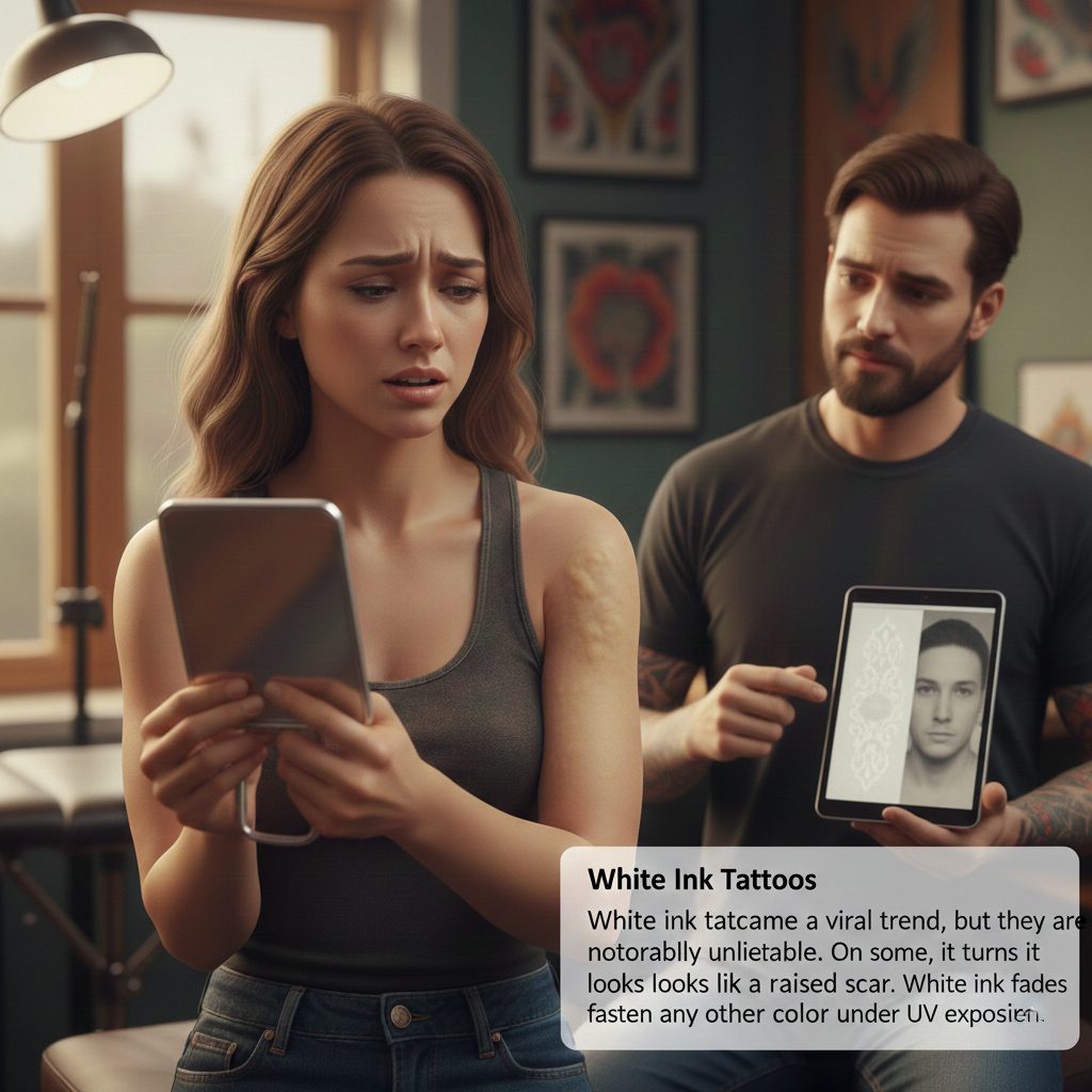 A subtle white ink tattoo on skin showing how it can look like a raised scar or yellowish discoloration.