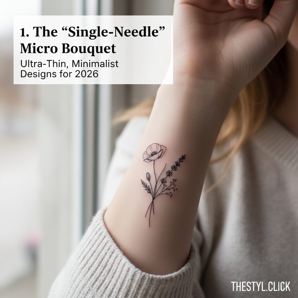 Tiny single-needle micro bouquet tattoo on wrist, minimalist floral ink trend 2026.
