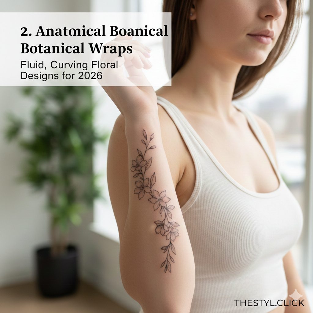 Elegant fine line floral wrap tattoo following the collarbone curve, botanical body art 2026.