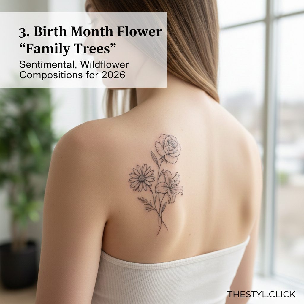 Custom birth month flower bouquet tattoo representing family, fine line wildflower style.