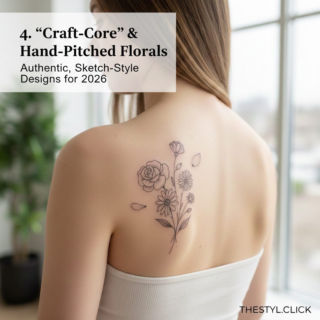Vintage botanical sketch style tattoo, hand-drawn fine line flower with organic imperfections.