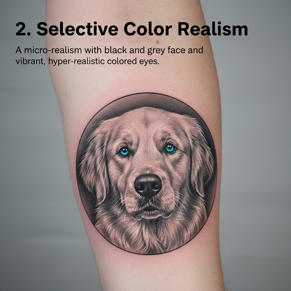 Micro-realism cat tattoo in black and grey with vibrant realistic blue eyes.