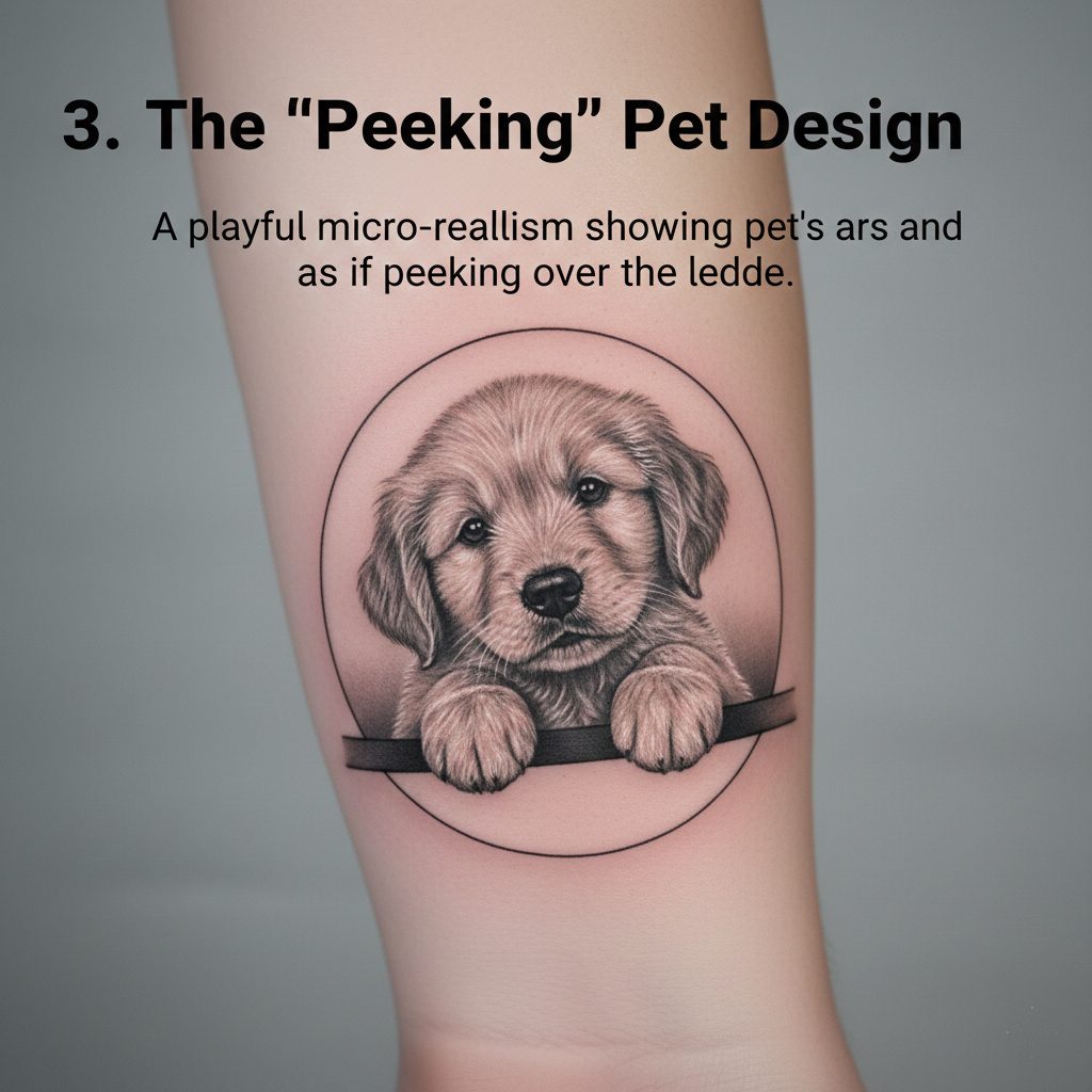 A viral 3D peeking puppy tattoo design looking over a skin fold.