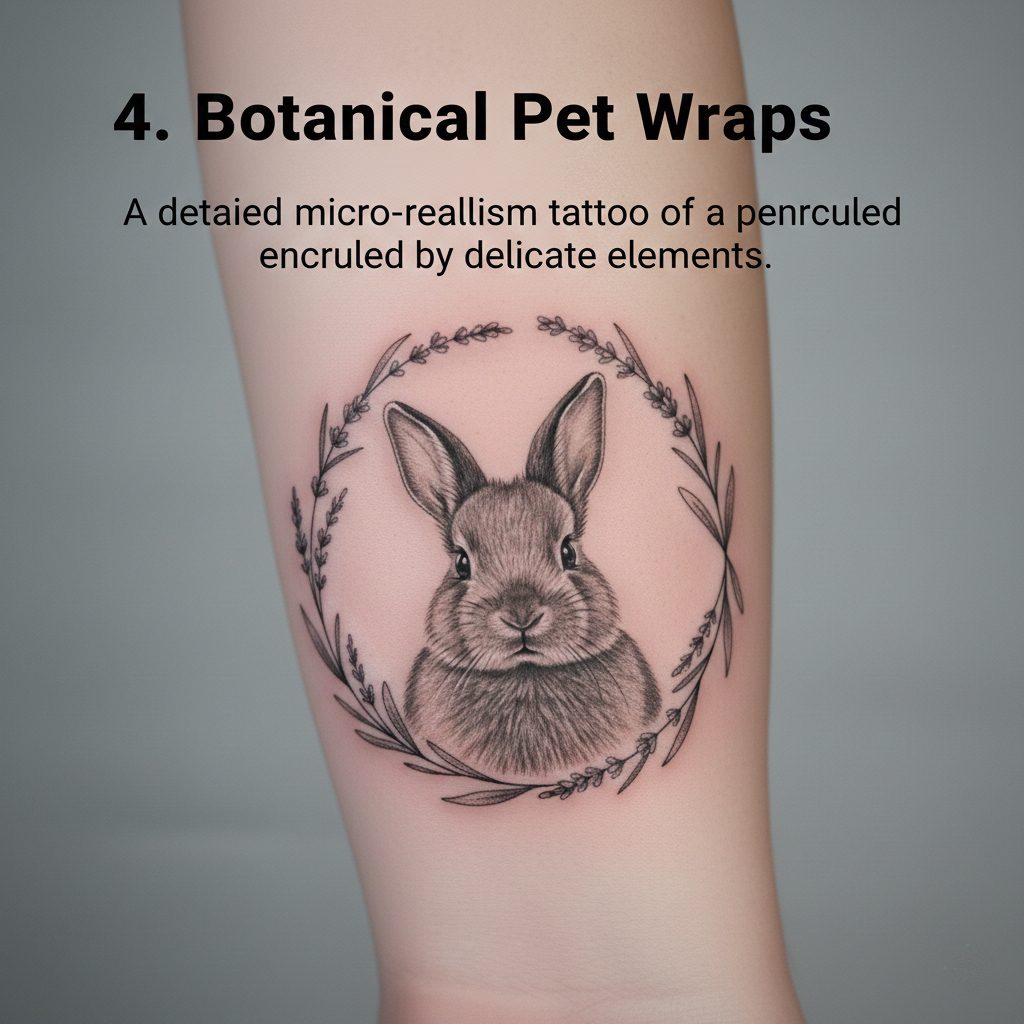 A realistic rabbit portrait tattoo surrounded by a delicate lavender floral wreath.