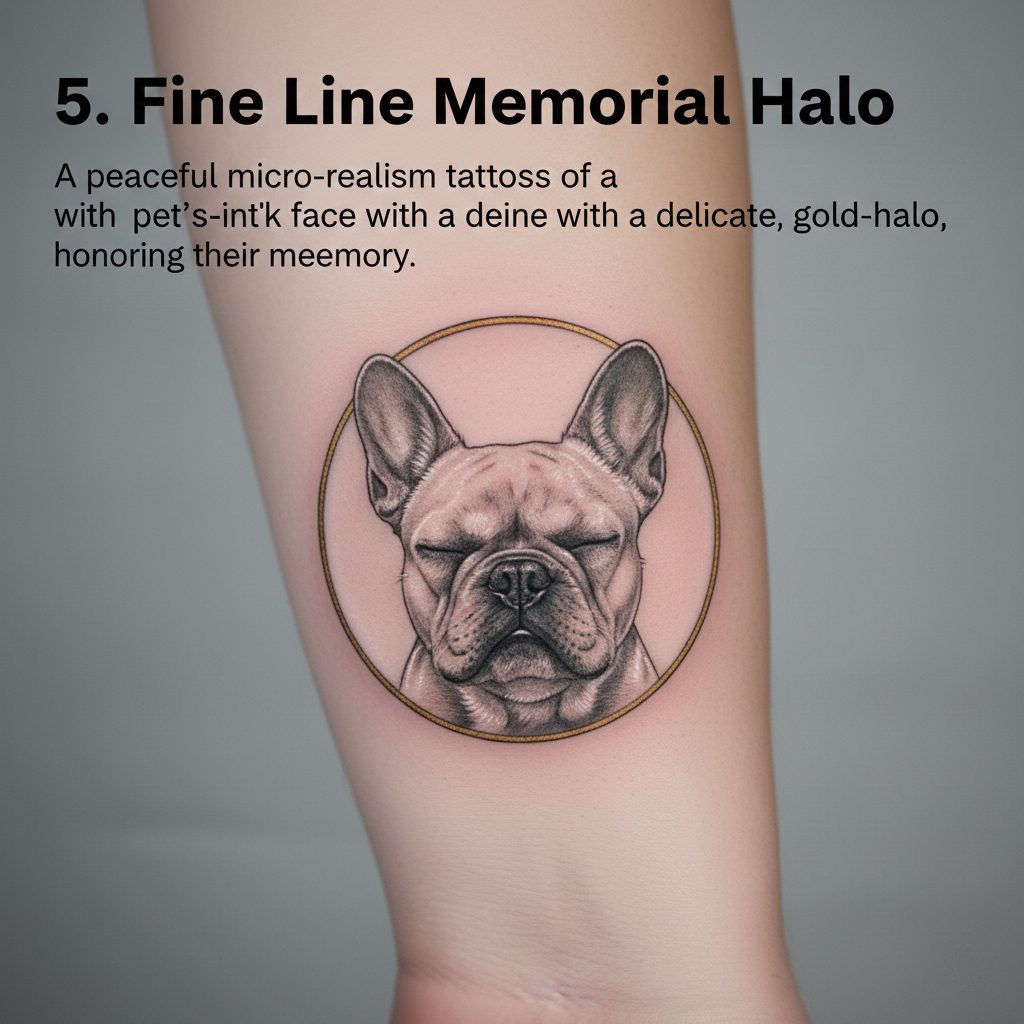 A memorial dog tattoo in micro-realism style with a thin minimalist gold halo.