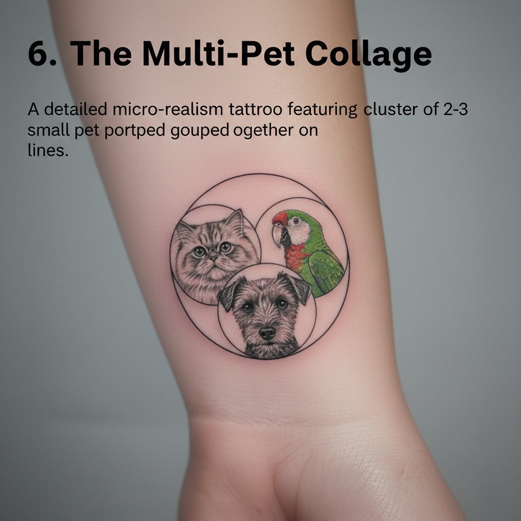 A small tattoo collage of three realistic pet portraits including a dog, cat, and parrot.