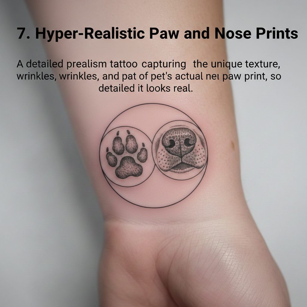 Hyper-realistic tattoo of a dog's nose print and paw pad showing skin texture and detail.
