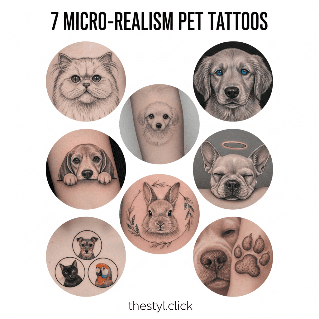 A collection of 7 viral micro-realism pet tattoos featuring hyper-realistic dogs, cats, and memorial ink designs for pet owners.