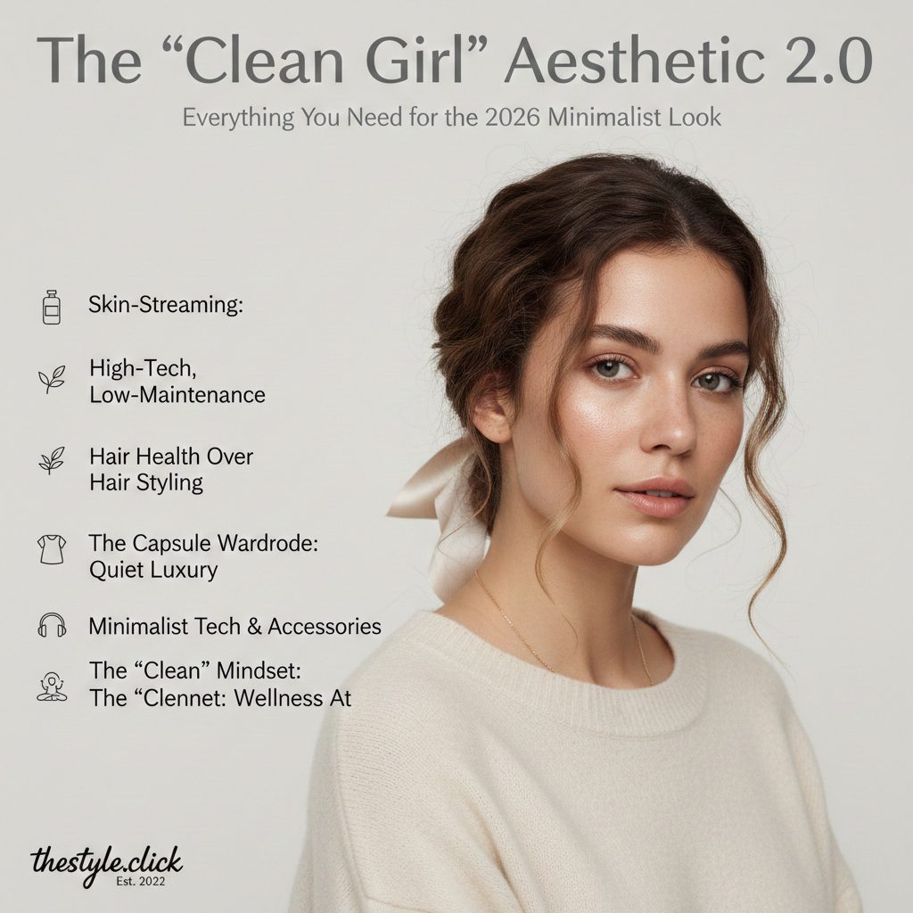 Young woman with healthy glowing skin and soft cloud bun wearing a sustainable oatmeal blazer, representing the Clean Girl Aesthetic 2.0 minimalist fashion trend of 2026.
