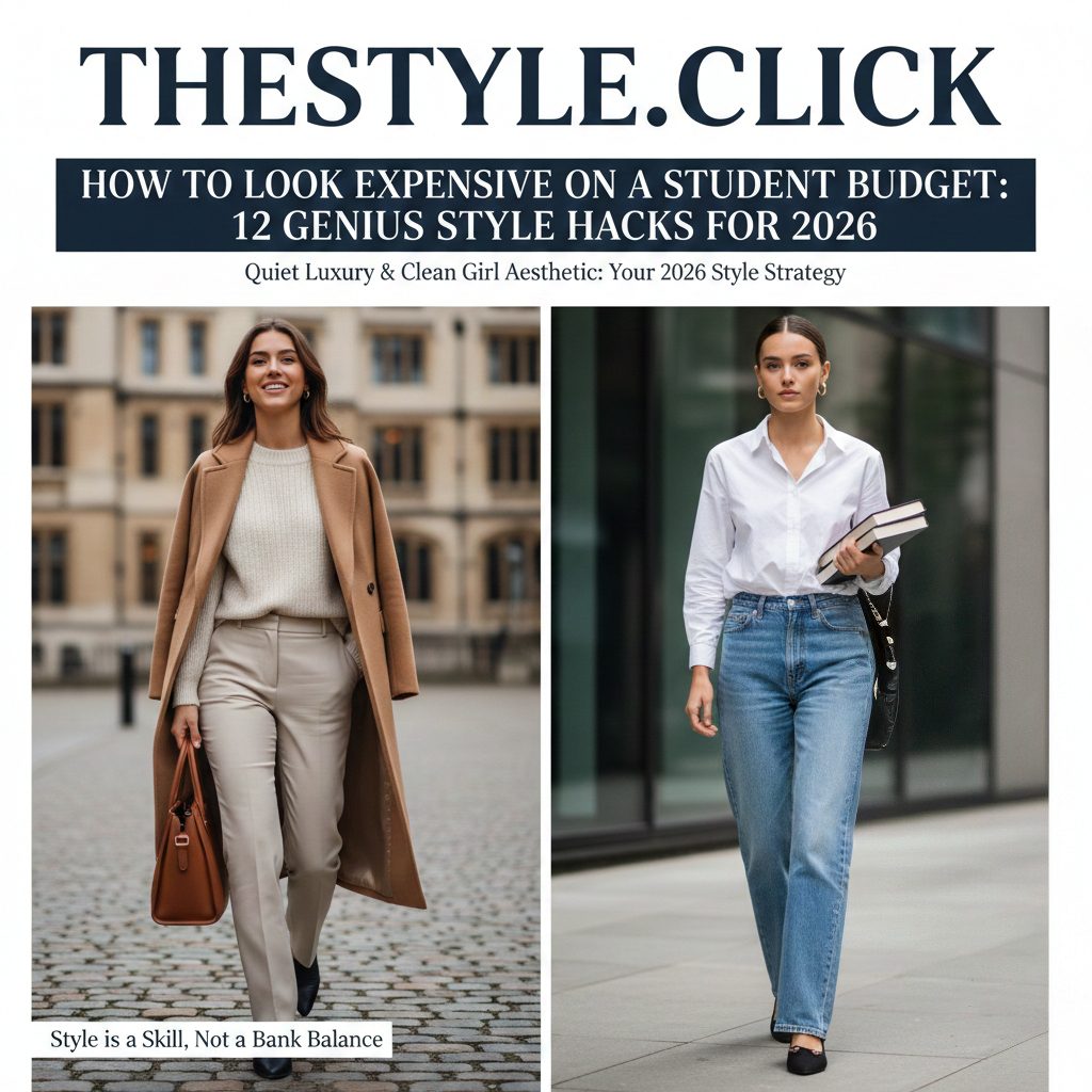 Two female students in 2026 fashion trends walking on a university campus wearing monochrome cream and white outfits, demonstrating quiet luxury and clean girl aesthetic style hacks.