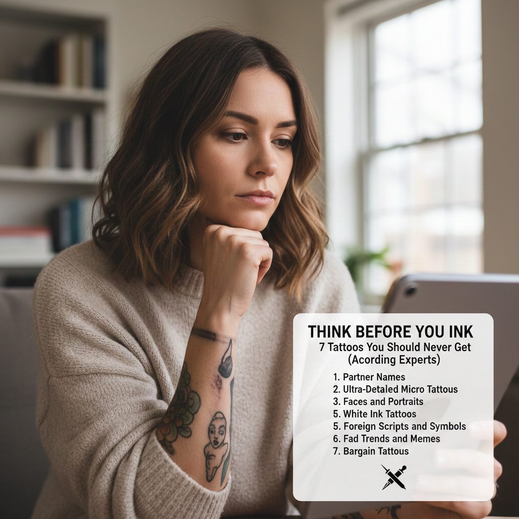 A thoughtful woman looking at a tablet, researching tattoo designs, with a clean list overlay titled '7 Tattoos You Should Never Get' featuring tips on avoiding partner names and micro tattoos.