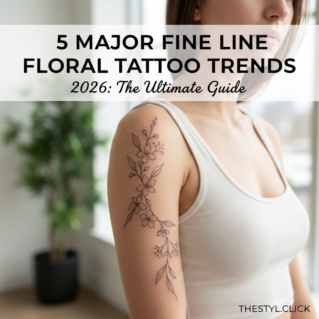 Minimalist fine line floral tattoo on woman's shoulder, 2026 botanical ink trend, elegant thin line flower design for aesthetic fashion.