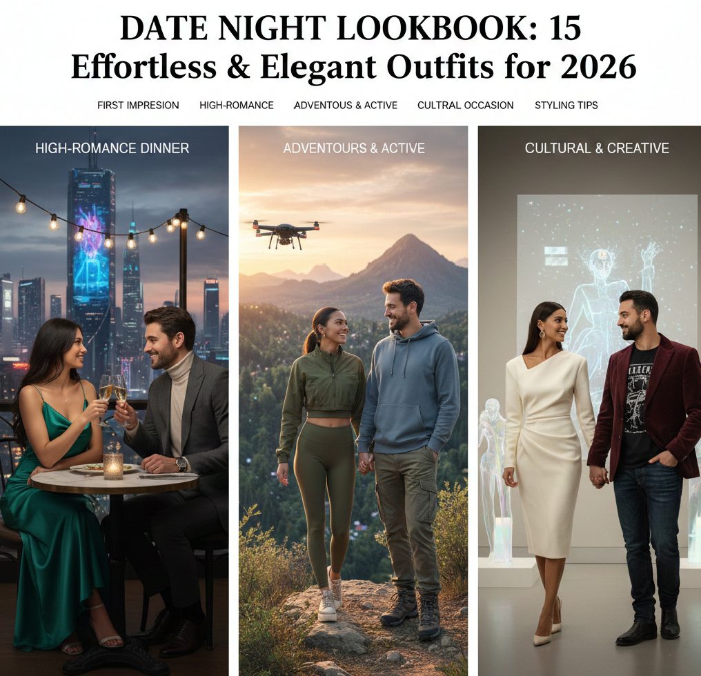 A professional fashion collage for 2026 showing a couple in elegant evening wear at a rooftop dinner, stylish athleisure for an active date, and creative chic outfits for a gallery visit.