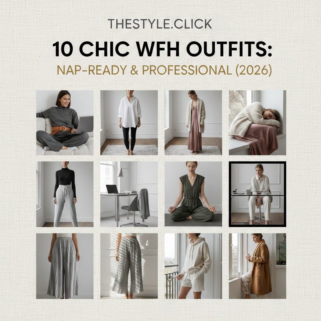 A collage of 10 chic work-from-home outfits for women featuring luxury knitwear, oversized poplin shirts, cashmere cardigans, and pleated trousers in neutral tones, representing the 2026 nap-ready professional aesthetic.