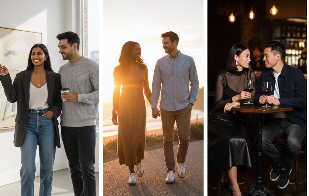 A couple on a first date featuring a woman in a blazer and raw denim for a gallery hop and a man in a smart casual sweater.