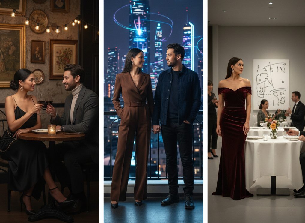 Elegant dinner date outfits for 2026 featuring a black silk slip dress and a monochromatic deep espresso jumpsuit for fine dining.