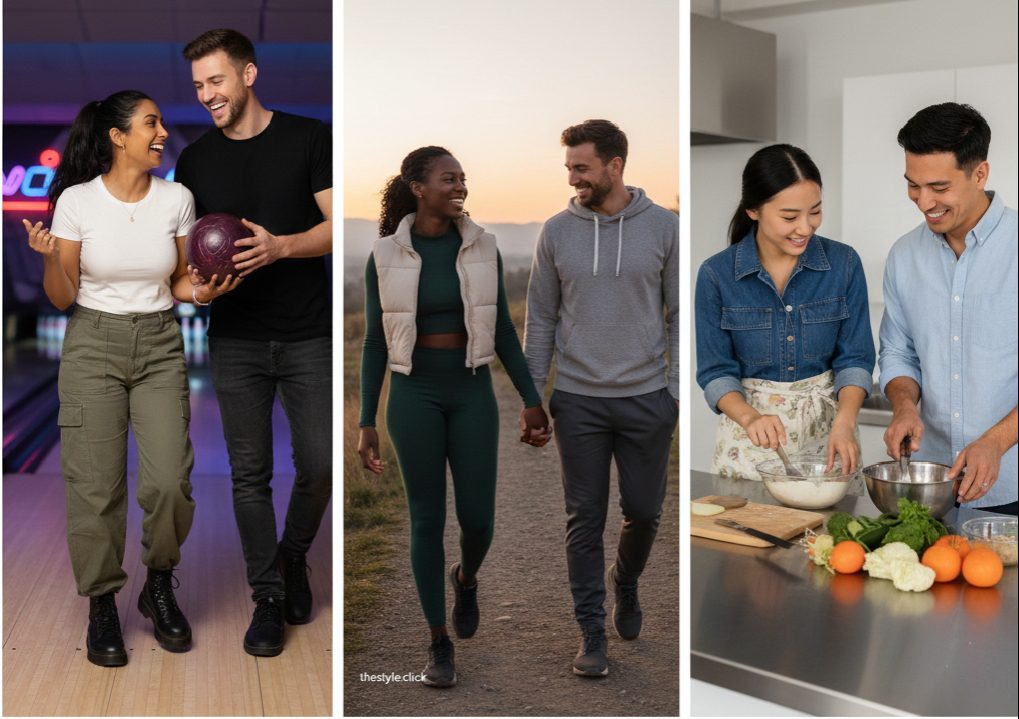 Stylish active date outfits featuring a woman in a matching emerald green athleisure set and a man in a sporty hoodie for an evening walk.