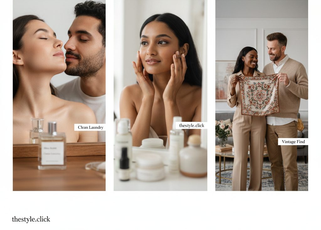 Close-up of 2026 date night beauty trends focusing on natural glowy skin-streaming and sustainable vintage fashion accessories.