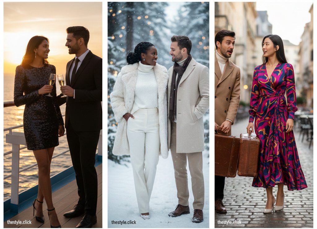 Luxury special occasion date wear featuring a matte sequined mini dress for a cruise and a white-on-white winter wonderland ensemble.