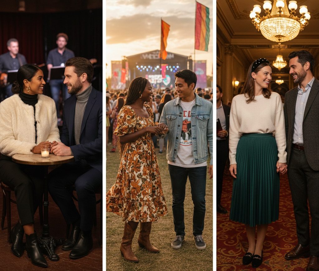 Creative date night looks showing a faux-fur jacket for a jazz club and a pleated midi skirt with a cashmere sweater for the theater.