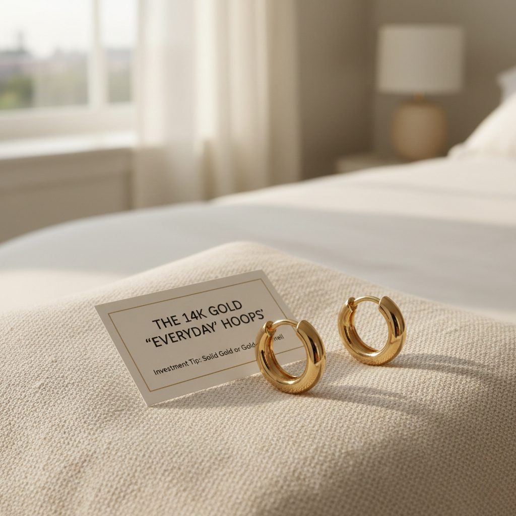 Close-up of 14k solid gold huggie hoop earrings on a neutral fabric background, essential for a minimalist jewelry capsule.