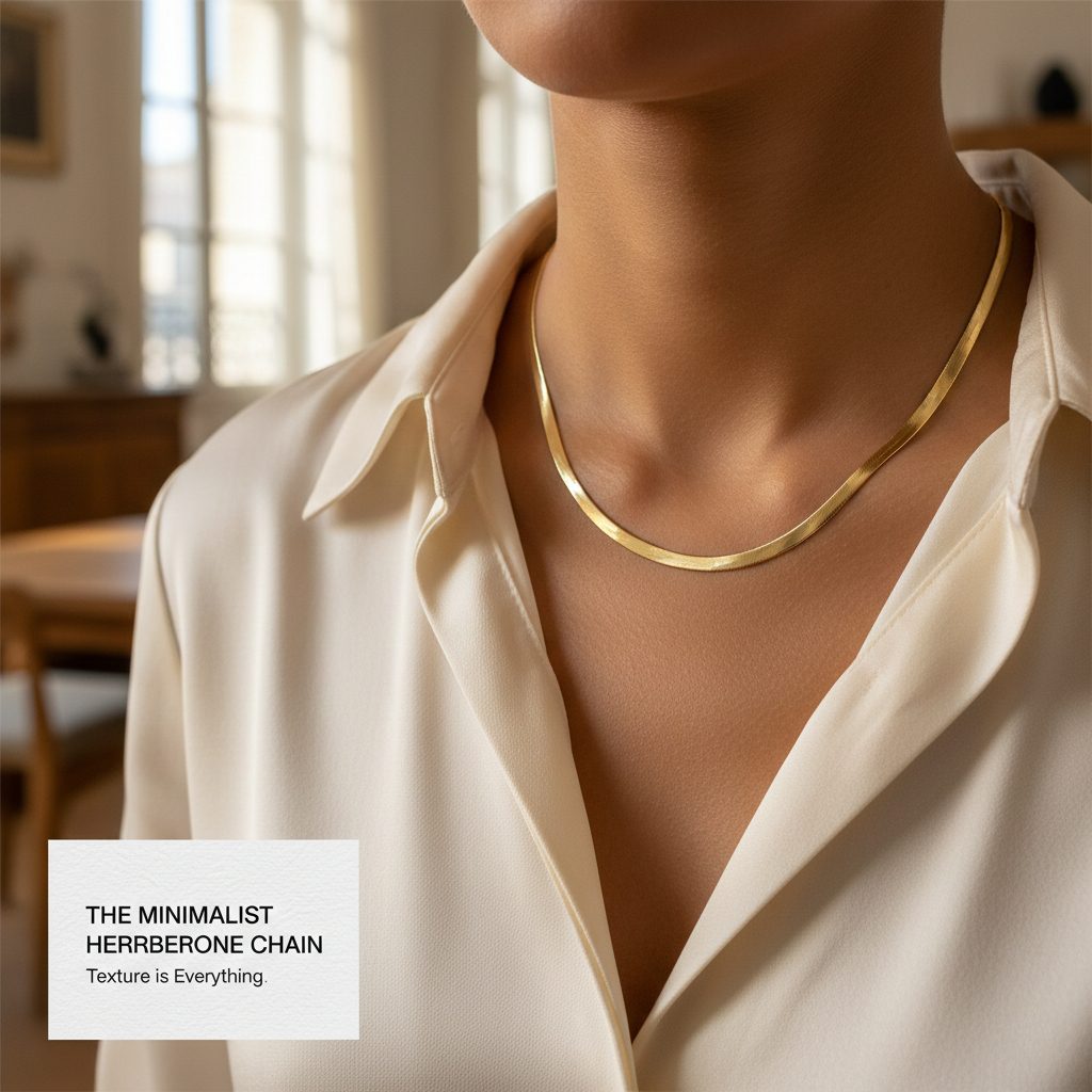 A woman wearing a flat gold herringbone chain necklace with a white silk blouse, demonstrating a liquid-gold effect.