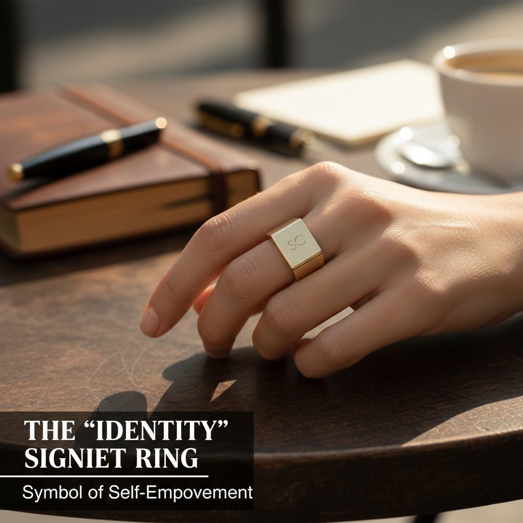 A polished gold signet ring on a woman's hand, styled with a leather journal and coffee, representing European luxury fashion.