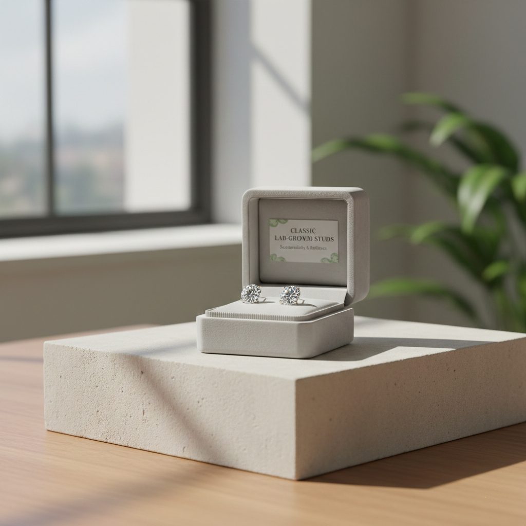 Pair of 1-carat lab-grown diamond stud earrings in a premium velvet box, a sustainable luxury staple for women.