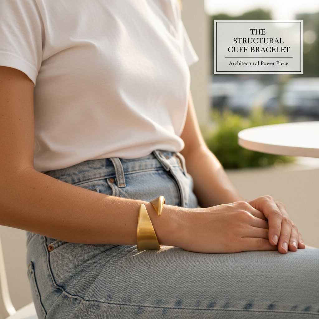 A bold, structural gold cuff bracelet worn with a white t-shirt and denim, showcasing a modern architectural jewelry design.
