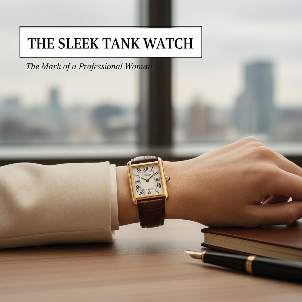 A rectangular gold tank-style watch with a brown leather strap on a woman’s wrist, styled for a professional boardroom setting.