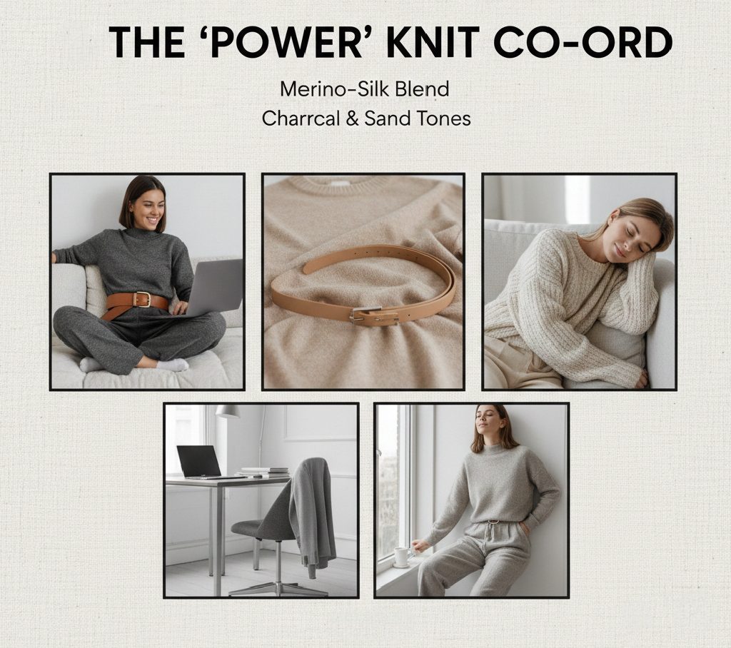 A woman wearing a charcoal grey merino-silk knit co-ord set with a leather belt, sitting on a sofa with a laptop, chic 2026 work-from-home fashion.