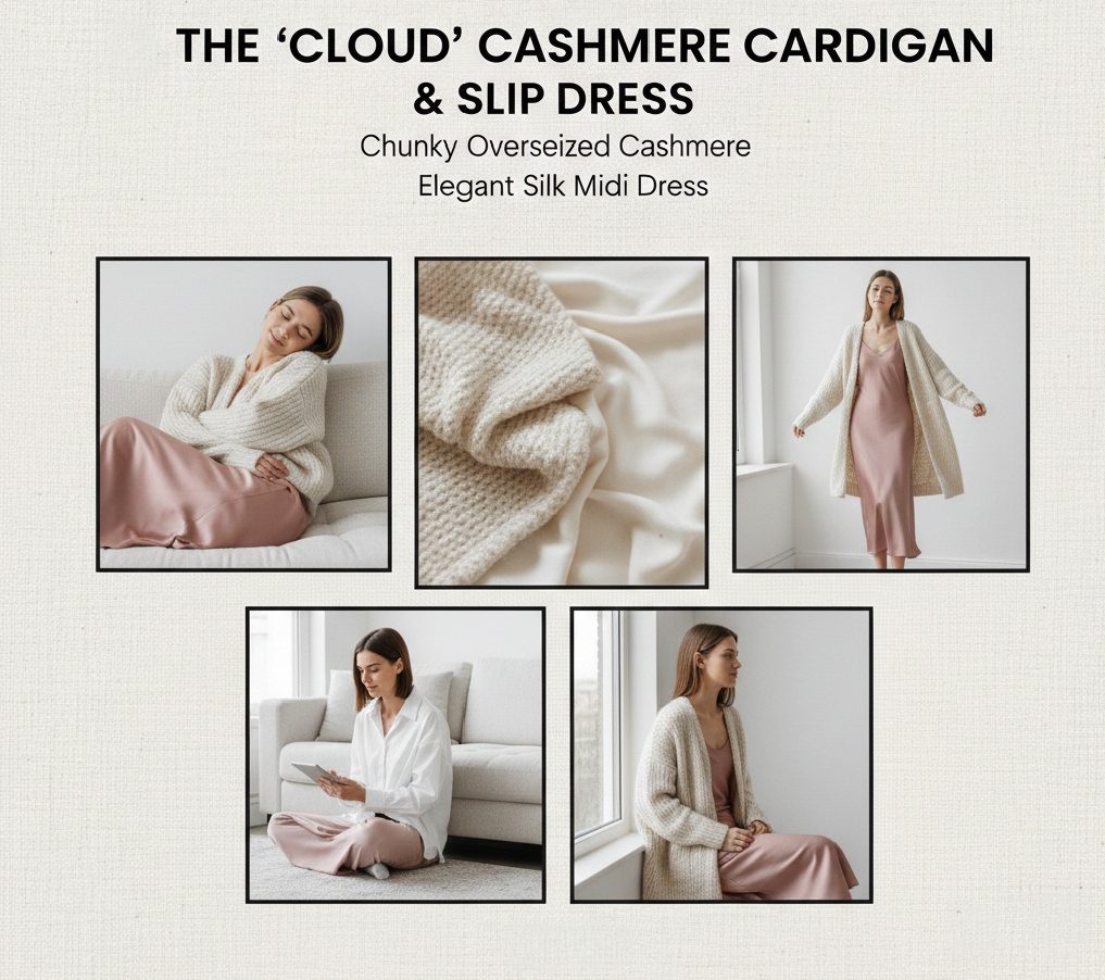 Elegant quiet luxury style showing a chunky cream cashmere cardigan over a silk midi slip dress, perfect for home office and power naps.