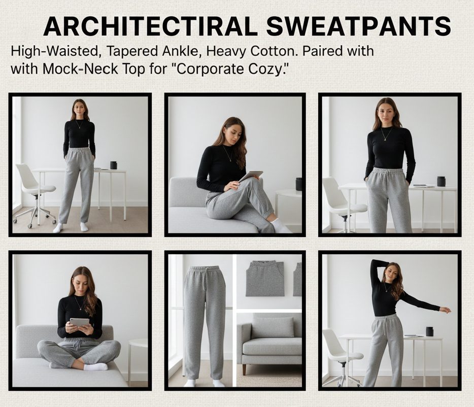 High-waisted tapered grey architectural sweatpants paired with a black mock-neck top, defining the 2026 corporate cozy aesthetic.