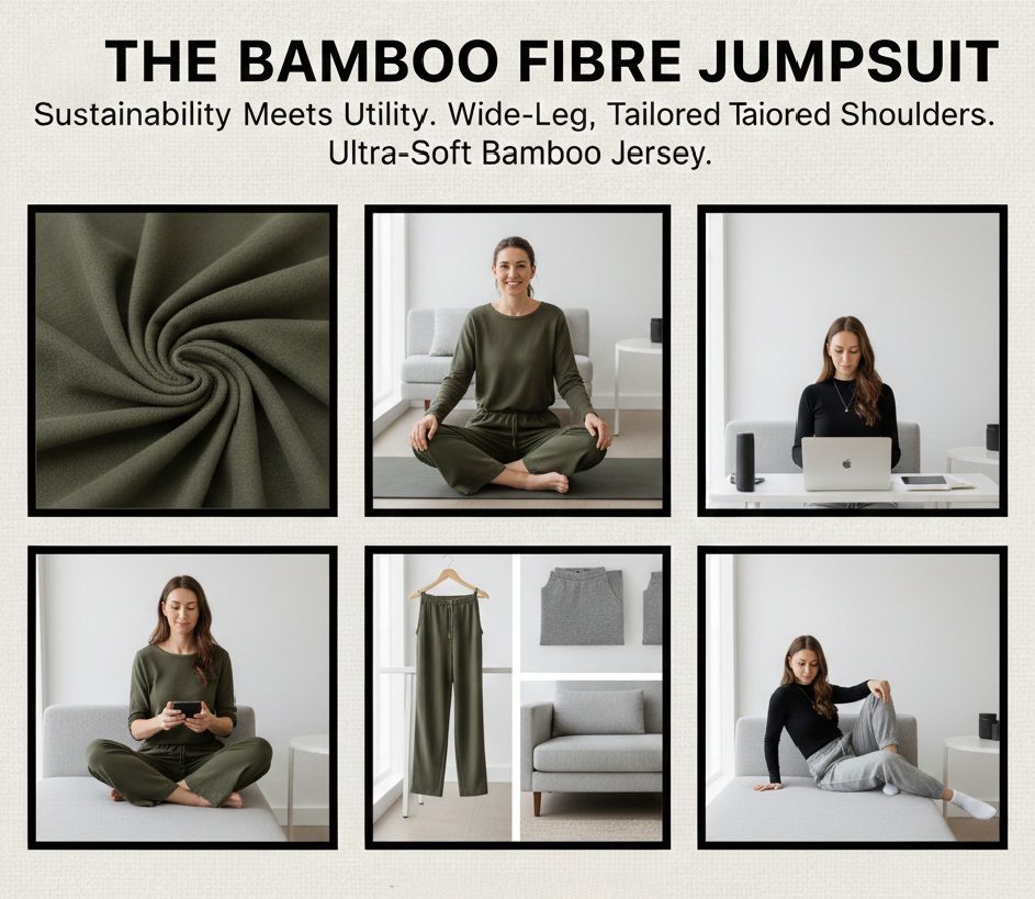 An olive green wide-leg bamboo jersey jumpsuit with tailored shoulders, sustainable and moisture-wicking loungewear for professionals.